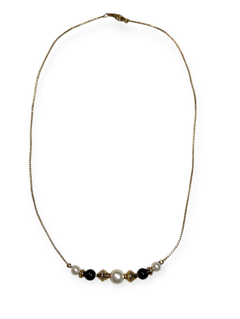 Korea Gold Tone Chain Necklace with Black Acrylic and Glass Pearl Beads